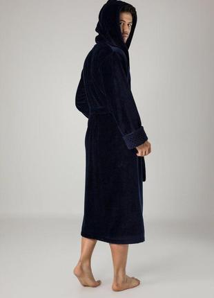 Мужской халат махровый хорошего качества велюровый длинный, халаты мужские однотонный домашний темно-синий2 фото