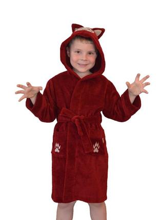 Махровий халат для хлопчика з вушками, дитячі махрові халати з капюшоном на поясі бордовий