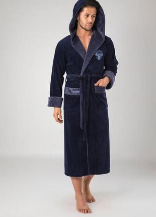 Халаты мужские с капюшоном махровый домашний с поясом, мужской халат велюр от производителя nusa темно синий1 фото