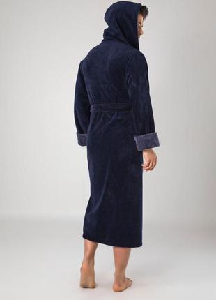 Халати чоловічі з капюшоном махровий домашній із поясом, чоловічий халат велюр від виробника nusa темно-синій2 фото