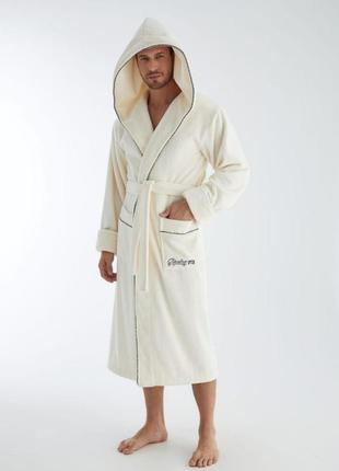 Велюровый халат мужской с капюшоном, халат мужской махровый от производителя nusa домашний кремовый3 фото
