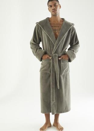 Велюровый халат мужской натуральный домашний с капюшоном, теплый мужской халат махра на поясе хаки4 фото