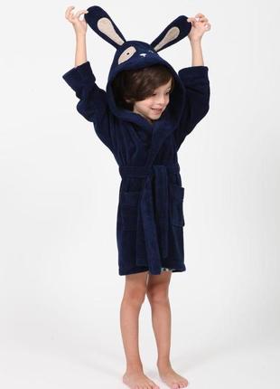 Махровий халат для хлопчика з вушками натуральний, халати для хлопчиків із кишенями синій