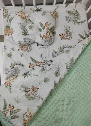Комплект постельного белья для новорожденных манюня тропики в кроватку ( коляску) плед + подушка + простынь