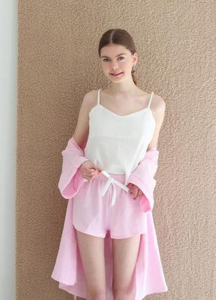 Набор муслин пижама халат розовый муслин майка шорты разовышей1 фото