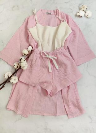 Набор муслин пижама халат розовый муслин майка шорты разовышей2 фото