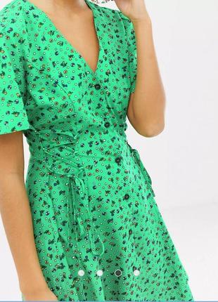 Платье зеленое цветочное принт платье со шнуровкой мини7 фото