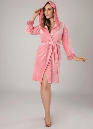 Халат жіночий рожевий велюровий домашній короткий на запах молодіжний, халат жіночий велюровий однотонний