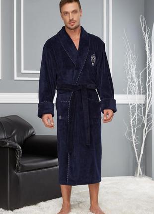 Халат чоловічий домашній махровий теплий з кишенями, чоловічий халат велюр від виробника nusa темно-синій