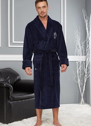 Халат мужской домашний махровый теплый с карманами, мужской халат велюр от производителя nusa темно-синий