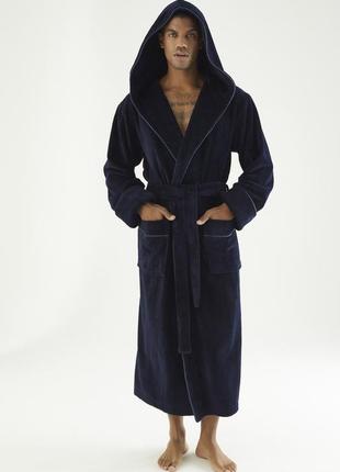 Велюровый халат мужской натуральный домашний с капюшоном, теплый мужской халат махра на поясе темно синий3 фото