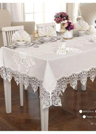 Льняную скатерть на стол 160х350 натуральная и салфетки на 12 персон, скатерть красивая с ранером кремовый