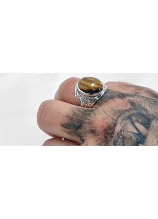 Мужской серебряный перстень лев с натуральним камнем тигровый глаз, гематит, оникс