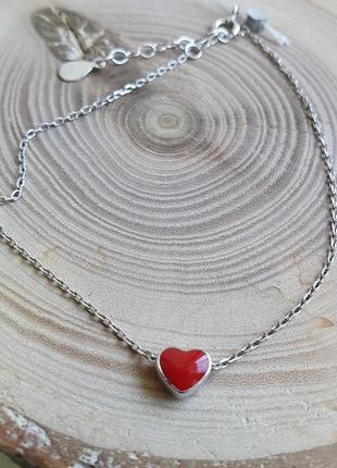 Браслет серебряный сердечко с цветной эмалью на тонкой цепочке