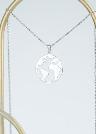 Колье серебряное карта мира на тонкой цепочке