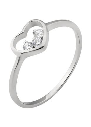 Срібна каблучка серце з трьома фіанітами всередині