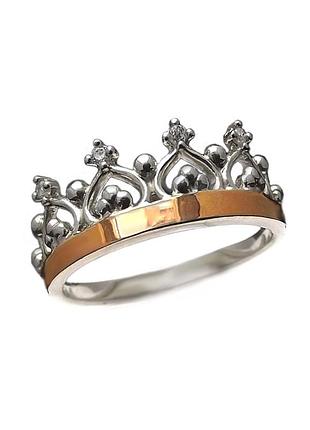 Серебряное кольцо корона premium  с золотой вставкой и фианитами 0697к