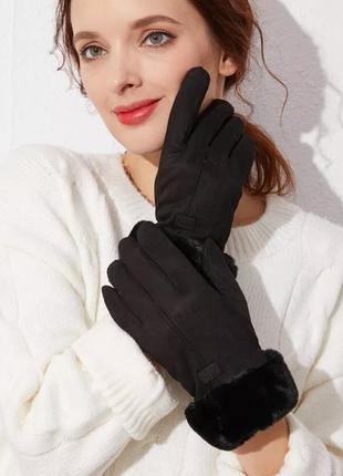 Женски замшевый перчатки на мехе с сенсорным пальцем, варюжки, перчатки, женские1 фото