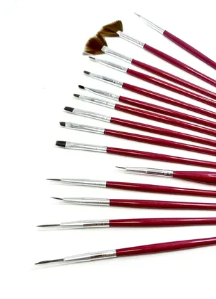 Набір пензлів для манікюру - 15шт. червоні для дизайну та розпису нігтів