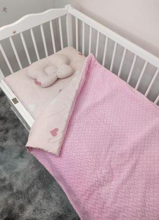 Комплект постельного белья для новорожденных манюня сердечки в кроватку ( коляску) плед + подушка + простынь