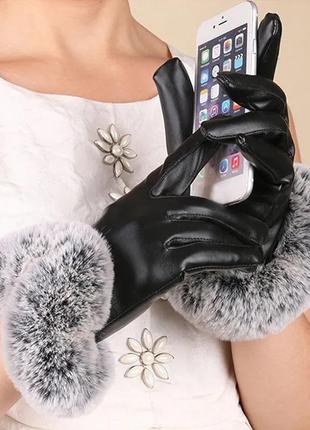 Женские перчатки кожаные с мехом, кожаные жанкие женккие перчатки с красивой меховой опушкой, внутрь тепловой мех,2 фото