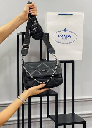 Сумка черная женская стеганая  2в1 в стиле  prada сумка прада сумочка клатч кросс-боди