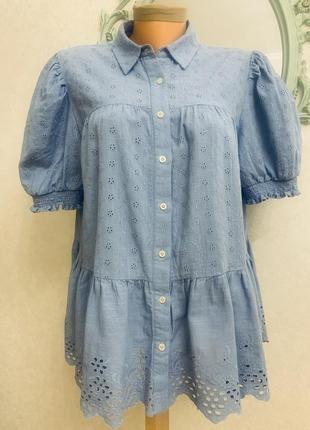 Коттоновая голубая блуза шитье!!!