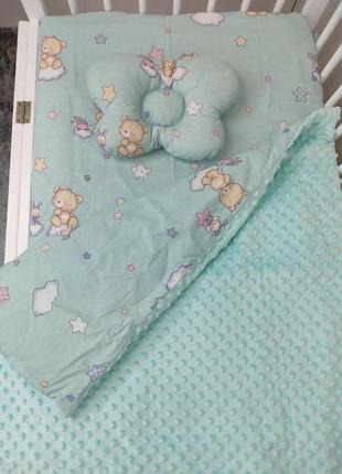 Комплект постельного белья для новорожденных манюня мишки в кроватку ( коляску) плед + подушка + простынь