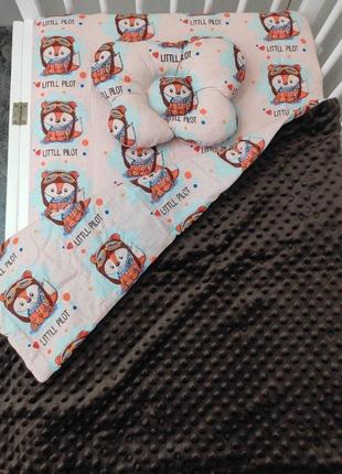 Комплект постільної білизни для новонароджених манюня совоньки в ліжечко (коляску) плед + подушка + простирадло