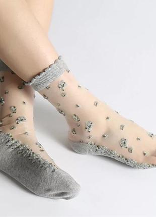 Прозрачные капроновые носки с цветами3 фото