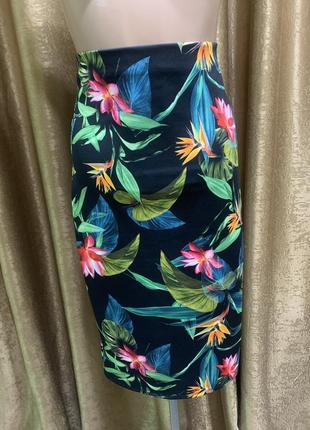 Юбка карандаш blue chameleon высокая талия на резинке, тропический цветочный принт размер m