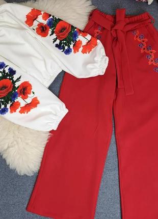 Костюм підлітковий топ з довгими рукавами та штани палаццо біло-червоний
