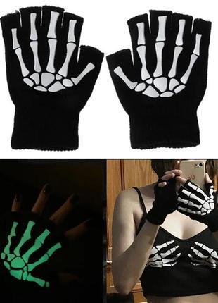 Перчатки без пальцев митенки светящиеся перчатки рентген скелет кости скелеты мужские женские гранж панк аниме