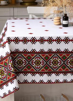 Скатертина традиція 110х150 см (кухонний стіл) орнамент червоний6 фото