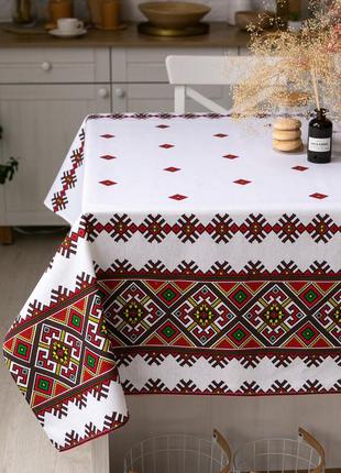 Скатертина традиція 110х150 см (кухонний стіл) орнамент червоний3 фото
