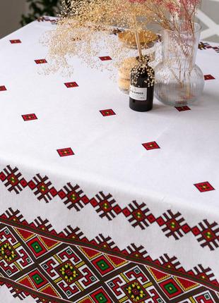 Скатертина традиція 110х150 см (кухонний стіл) орнамент червоний4 фото