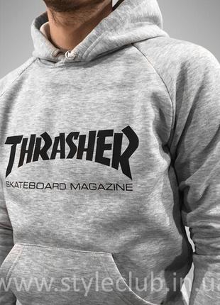 Толстовка серая thrasher | худи трешер | кенгуру трашер