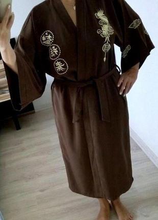 Женский халат-кимоно ,широкий рукав с золотой оригинальной вышивкой драконов