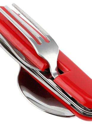 Туристический набор столовых приборов вилка, ложка, нож, открывалка (цвет красный) (1386)1 фото
