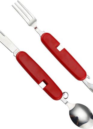 Туристический набор столовых приборов вилка, ложка, нож, открывалка (цвет красный) (1386)2 фото