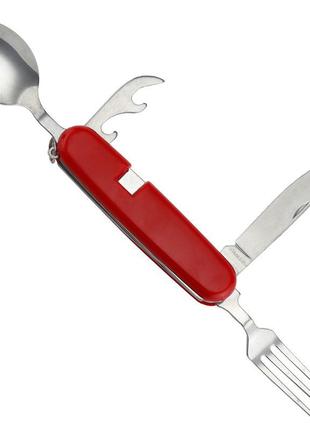 Туристичний набір столових приладів вилка, ложка, ніж, відкривачка (колір червоний) (1386)1 фото