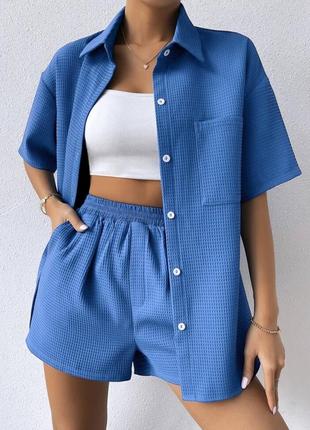 Костюм женский с шортами рубашка шорты короткие весенний на весну лето базовый черный...
