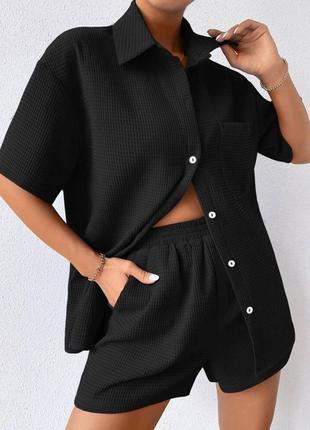 Костюм женский с шортами рубашка шорты короткие весенний на весну лето базовый черный...