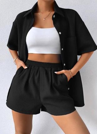 Костюм женский с шортами рубашка шорты короткие весенний на весну лето базовый черный...