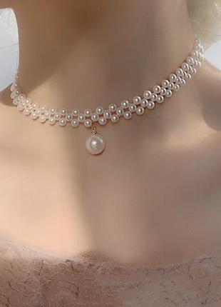 Классический чокер ожерелье эко жемчуг с подвеской2 фото