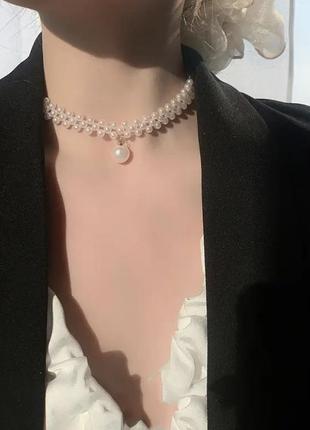 Классический чокер ожерелье эко жемчуг с подвеской4 фото