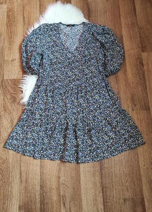 Ярусное платье сарафан вискоза в цветочек объемный рукав m/l(12)6 фото