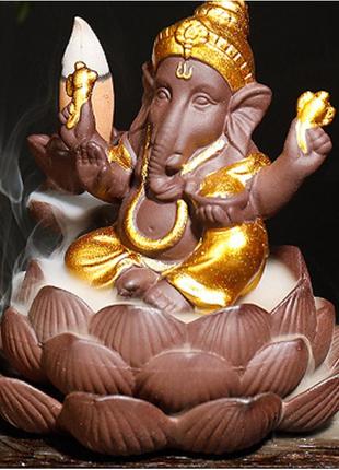 Подставка "жидкий дым" керамика "ганеша на лотосе" коричневый + подарок