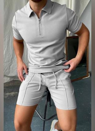 Стильный мужской спорт повседневный классический удобный классный костюм комплет модный спортивный шорты шортики и футболка серый