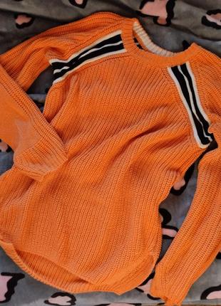 Джемпер удлиненный оранж в полоску туника чвитер кофта яркая вязаная вязка3 фото